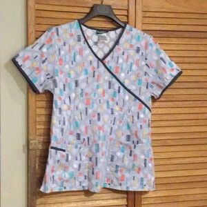 Blue and Gray Wrap-Style Scrub Top with Geometric Pattern